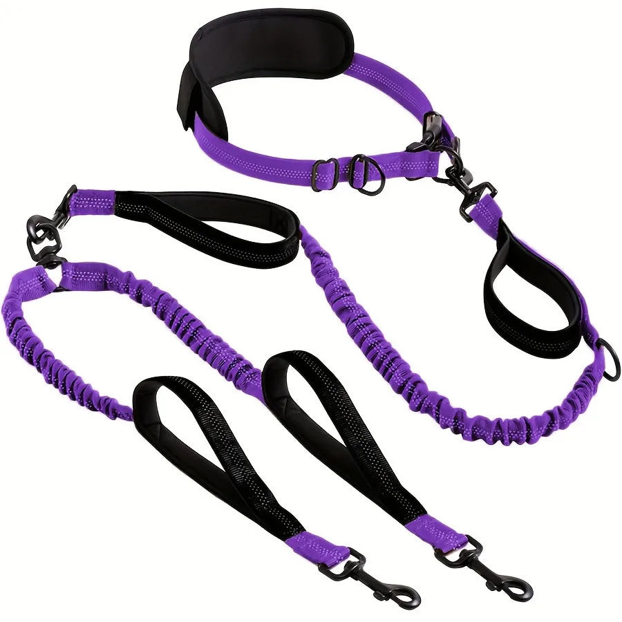 Hands Free Double Dog Leash – Dual Leash for Medium and Large Breeds – Lead for 2 Dogs with Padded Handles,Reflective Stitches