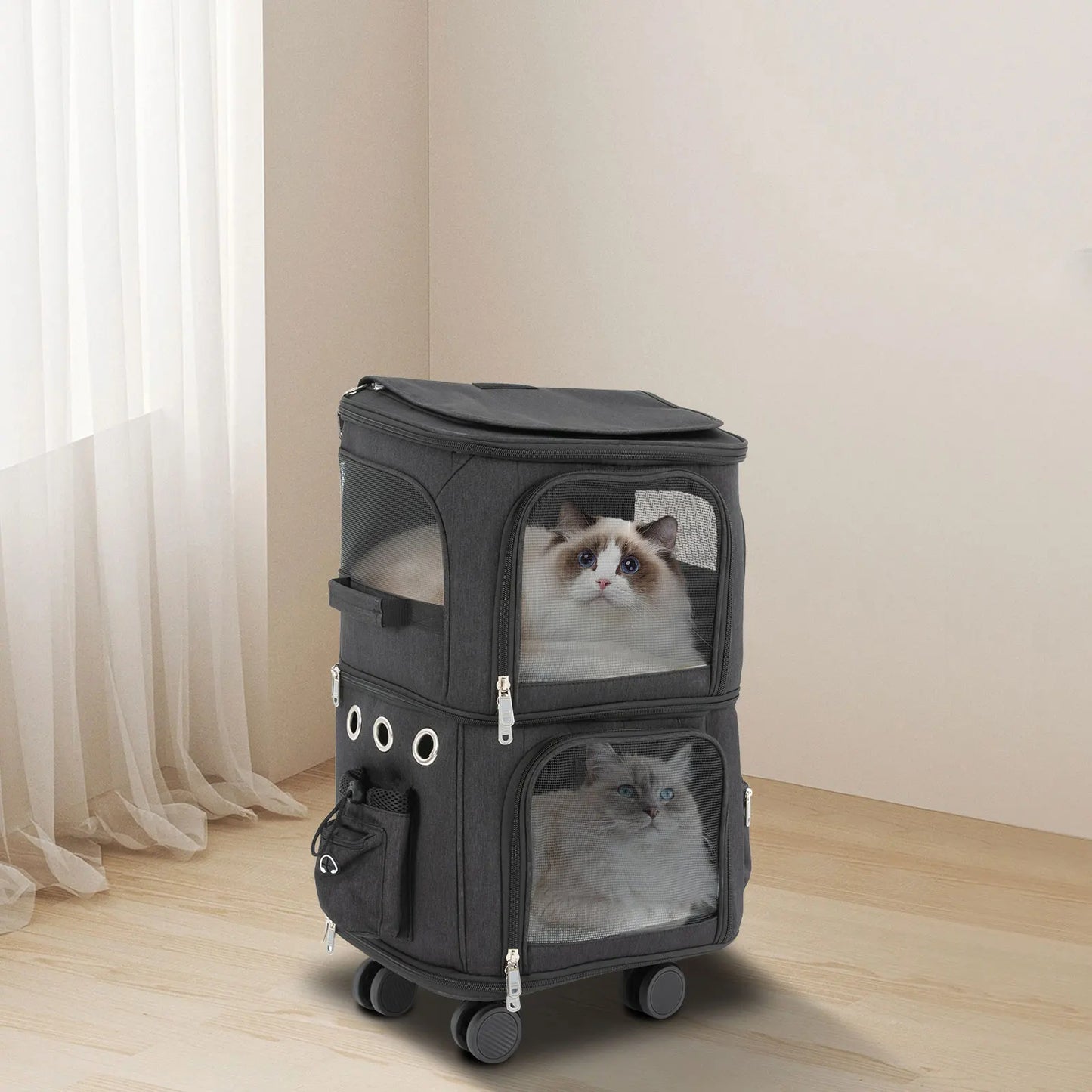 Double-Compartment Rolling Pet Carrier – Ventilated Trolley Bag for 2 Cats or Small Dogs