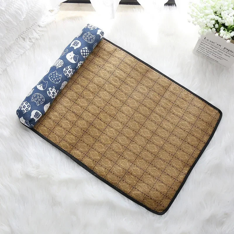 Cat Natural Cooling Mat Summer Pet Self Cooling Pad Cat Bed Mat For Dogs Indoor Rattan Weave Mat Sleeping Cat Bed