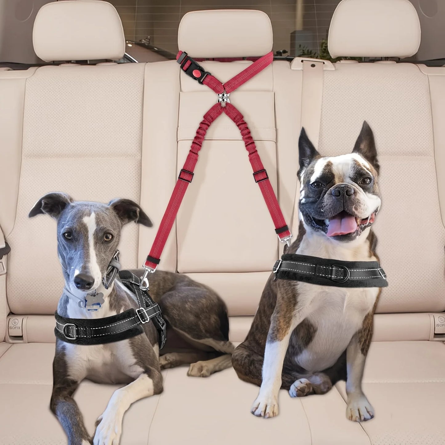 1Pcs Pet Dog Seat Belt Car Supplies Dog Cat Car Fixed Dog Chain Buffer Traction Car Safety Rope One Belt Two Dog Leash