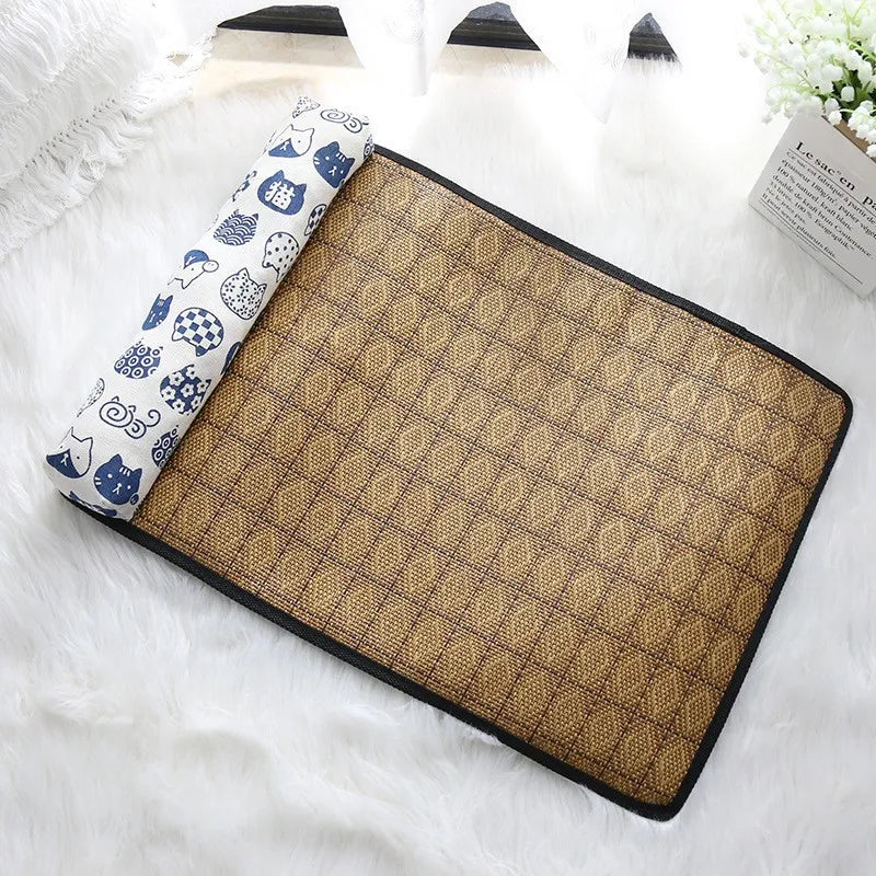 Cat Natural Cooling Mat Summer Pet Self Cooling Pad Cat Bed Mat For Dogs Indoor Rattan Weave Mat Sleeping Cat Bed