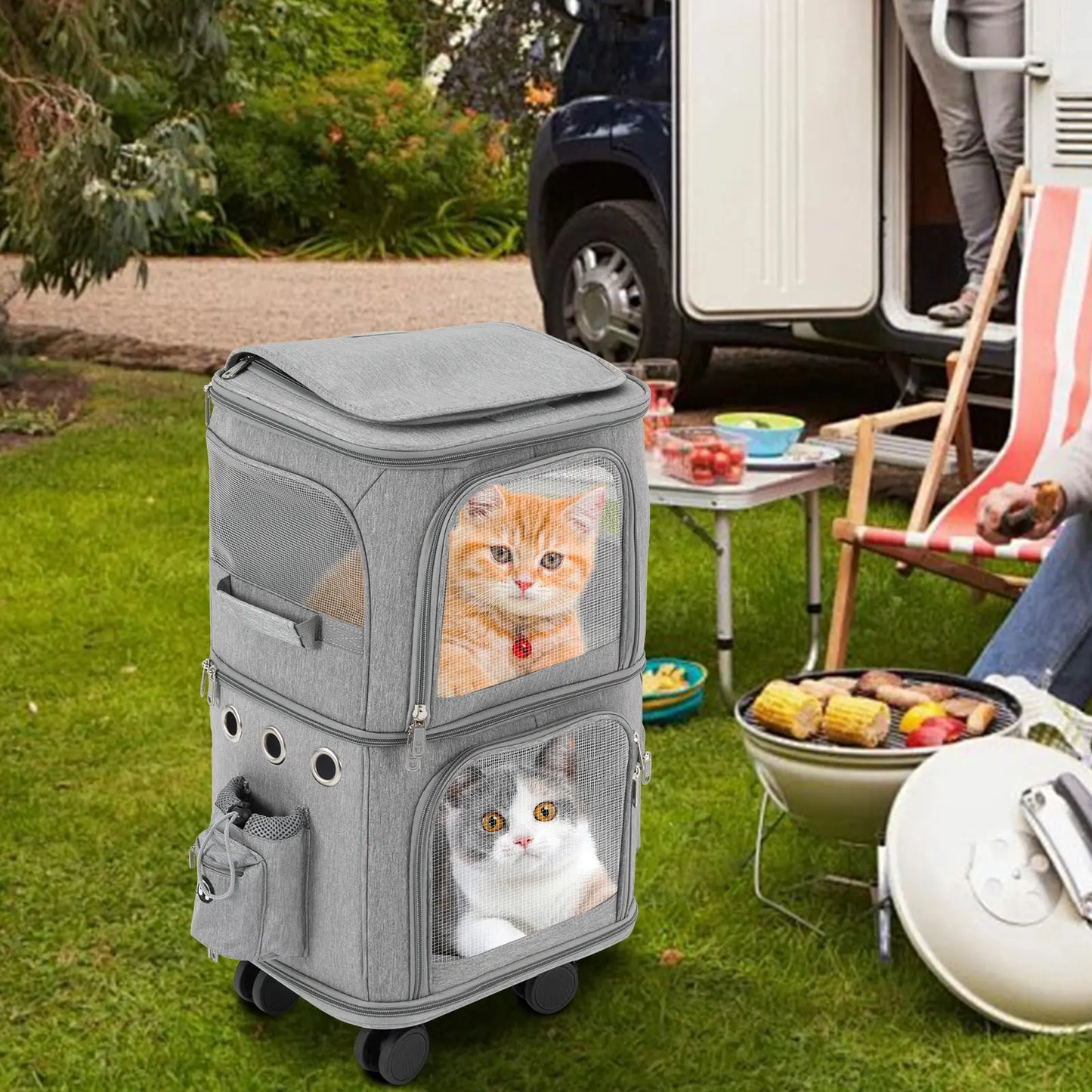 Double-Compartment Rolling Pet Carrier – Ventilated Trolley Bag for 2 Cats or Small Dogs