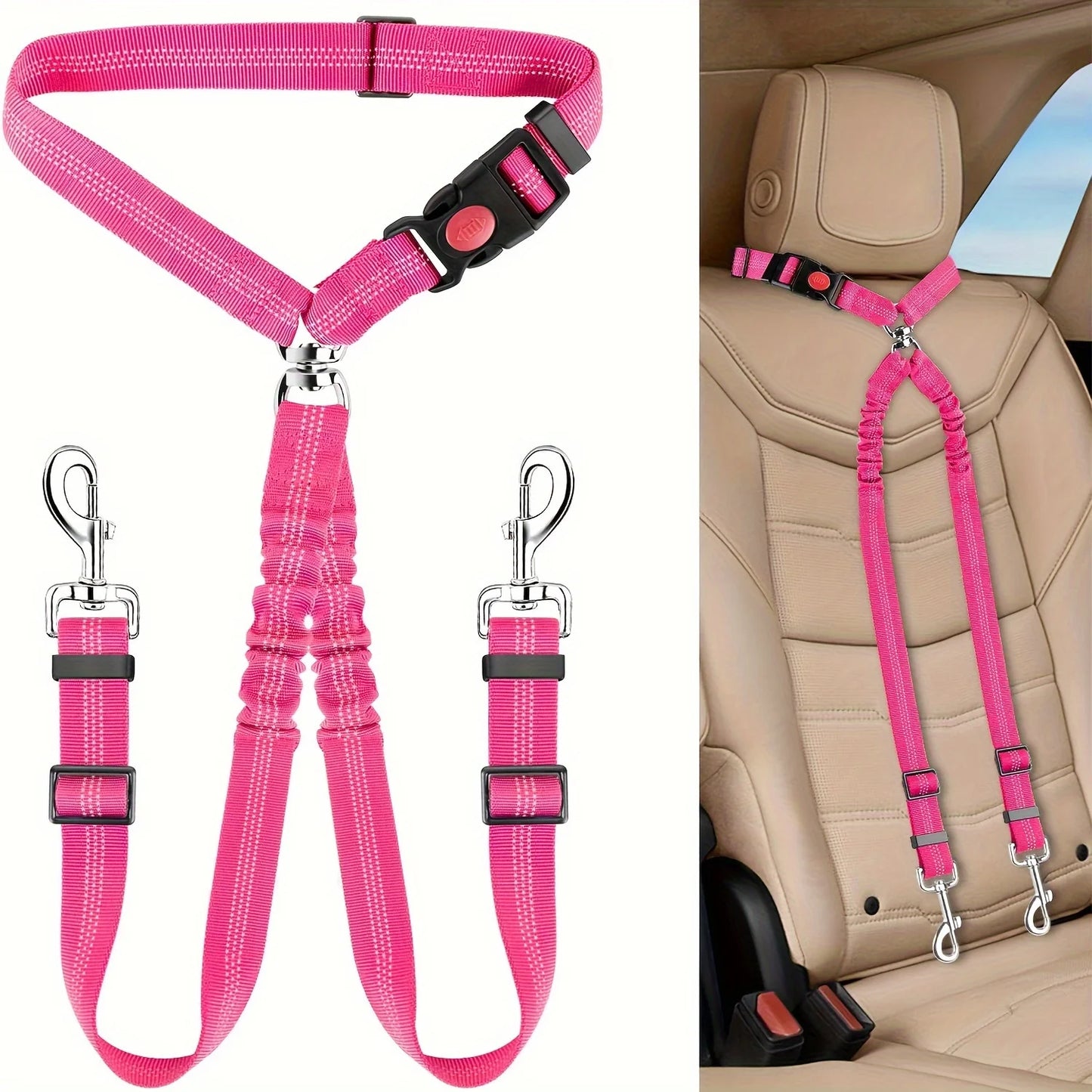 1Pcs Pet Dog Seat Belt Car Supplies Dog Cat Car Fixed Dog Chain Buffer Traction Car Safety Rope One Belt Two Dog Leash