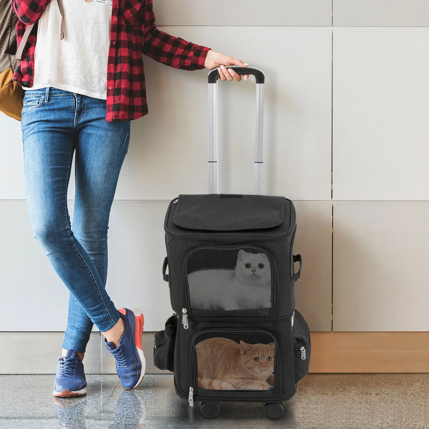 Double-Compartment Rolling Pet Carrier – Ventilated Trolley Bag for 2 Cats or Small Dogs