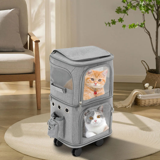 Double-Compartment Rolling Pet Carrier – Ventilated Trolley Bag for 2 Cats or Small Dogs