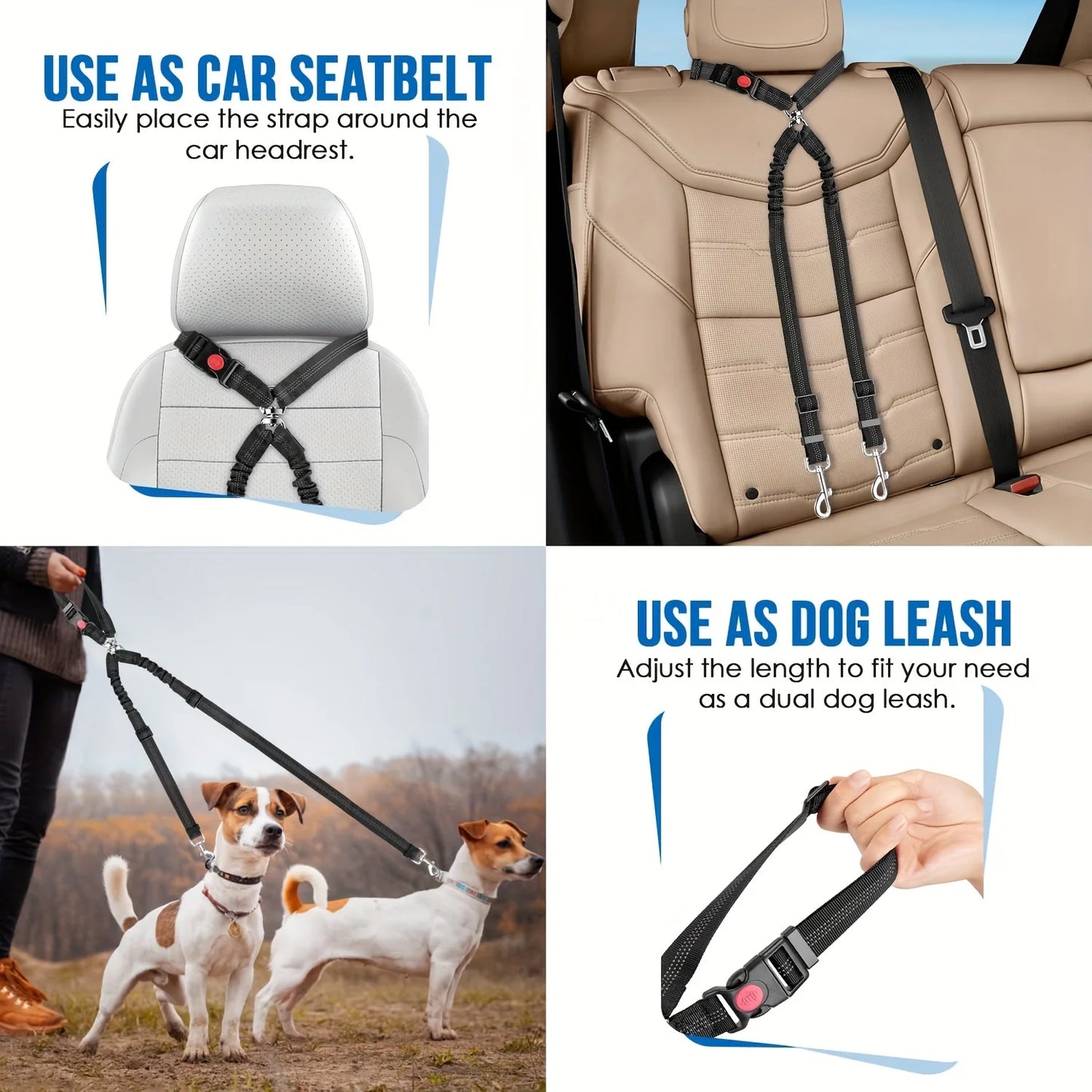 1Pcs Pet Dog Seat Belt Car Supplies Dog Cat Car Fixed Dog Chain Buffer Traction Car Safety Rope One Belt Two Dog Leash